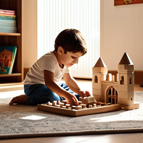 Home 15 **
A minimalist child's room in Turkey, featuring a neatly organized space with a few high-quality wooden toys. Sunlight streams in, illuminating a small bookshelf with carefully chosen books and a cozy rug. A Turkish child is playing imaginatively with building blocks, constructing a miniature castle. Soft, natural colors dominate the scene, creating a sense of calm and creativity. The style should be reminiscent of a photograph from a Turkish lifestyle magazine, emphasizing warmth and simplicity.
**