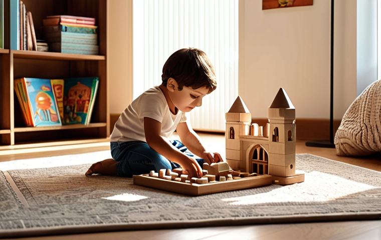 **
A minimalist child's room in Turkey, featuring a neatly organized space with a few high-quality wooden toys. Sunlight streams in, illuminating a small bookshelf with carefully chosen books and a cozy rug. A Turkish child is playing imaginatively with building blocks, constructing a miniature castle. Soft, natural colors dominate the scene, creating a sense of calm and creativity. The style should be reminiscent of a photograph from a Turkish lifestyle magazine, emphasizing warmth and simplicity.
**