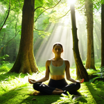 **Image Prompt:** A serene woman meditating alone in a lush green forest, sunlight filtering through the trees, emphasizing inner peace and self-discovery through solitude. The scene should evoke a sense of calm and mindfulness, reflecting the benefits of spending time alone in nature.