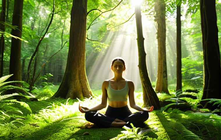 **Image Prompt:** A serene woman meditating alone in a lush green forest, sunlight filtering through the trees, emphasizing inner peace and self-discovery through solitude. The scene should evoke a sense of calm and mindfulness, reflecting the benefits of spending time alone in nature.