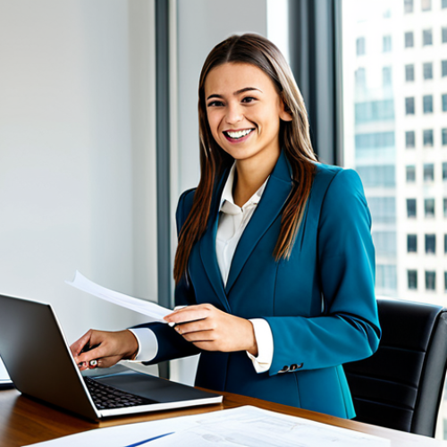 **

"A young woman, fully clothed in modest, professional business attire (skirt suit), is smiling and working at a clean desk with a laptop and paperwork in a bright, modern office. Large windows show a bustling city scene outside. Perfect anatomy, natural proportions, well-formed hands. Safe for work, appropriate content, professional, family-friendly, high quality."

**