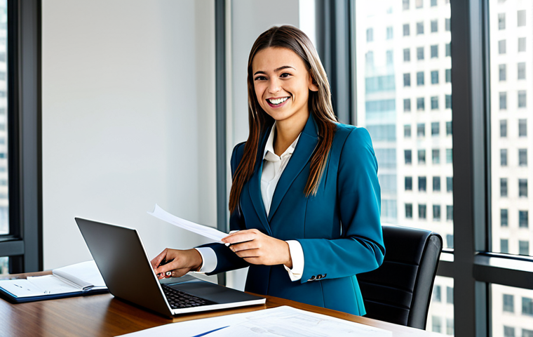 **

"A young woman, fully clothed in modest, professional business attire (skirt suit), is smiling and working at a clean desk with a laptop and paperwork in a bright, modern office. Large windows show a bustling city scene outside. Perfect anatomy, natural proportions, well-formed hands. Safe for work, appropriate content, professional, family-friendly, high quality."

**
